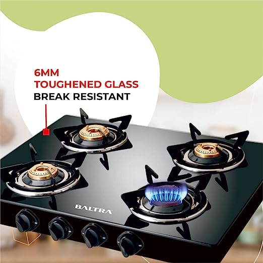 Baltra Glimmer Glass Top Gas Stove 4 Brass Burner Manual Ignition, Black (ISI Certified 2 year warranty with Doorstep Service) Baltra Glimmer Glass Top Gas Stove 4 Brass Burner Manual Ignition, Black (ISI Certified 2 year warranty with Doorstep Service)